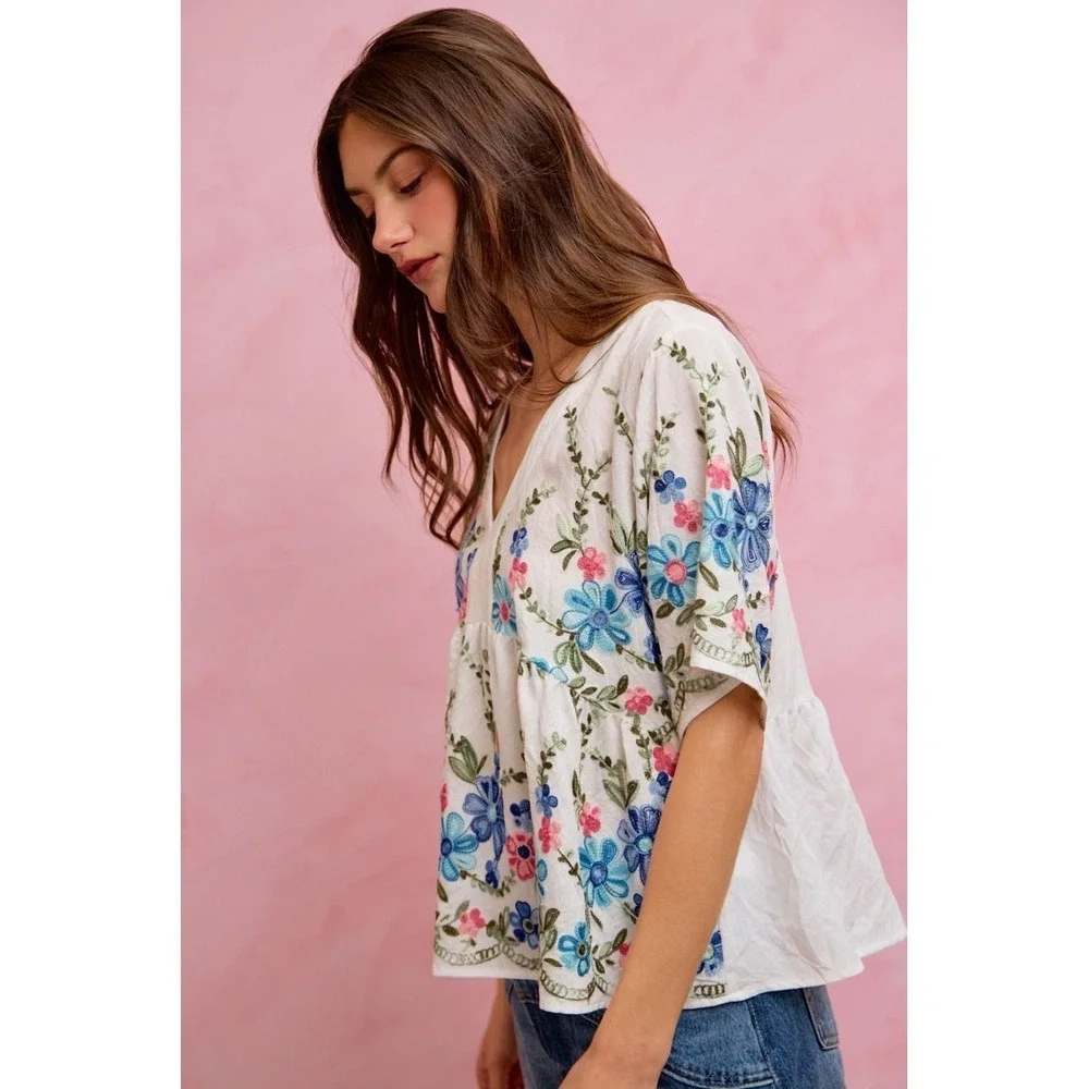 SO ME Floral Embroidered Baby Doll Blouse Top - Medium - Picture 2 of 5